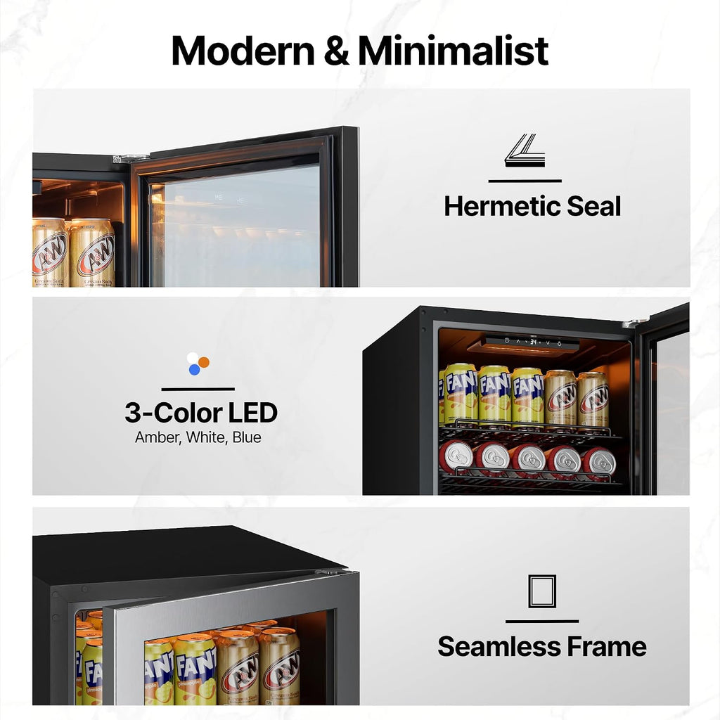 Ca'Lefort Mini Fridge Beverage Cooler, 85 Can Beverage Refrigerator with Reversible Glass Door, Adjustable Shelves for Soda, Beer & Drinks, Digital Temperature Control for Dorm, Office & Home