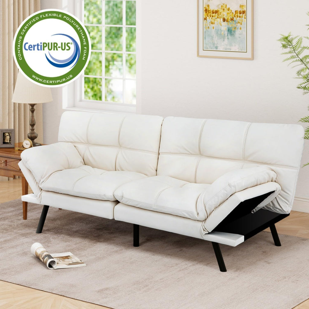 MUUEGM 71' Futon Sofa Bed, Modern Convertible Loveseat Sleeper, Faux Leather Couch with Adjustable Back & Arms for Small Spaces, Office & Apartment - Ivory