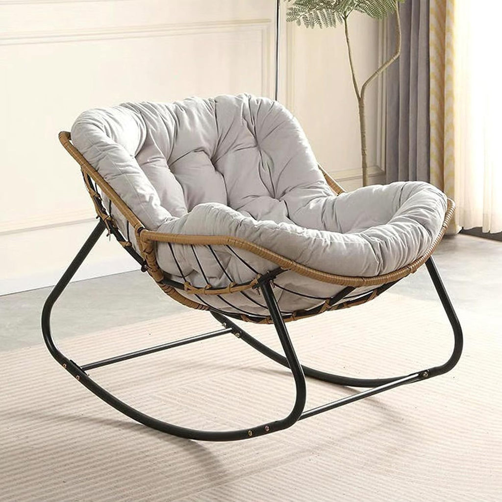 Outdoor Papasan Chair, Oversized Outdoor Rocking Chair with Thick Cushion, Indoor Egg Rocker Lounge Chair, Patio Chairs for Porch Garden Living Room Bedroom (White)