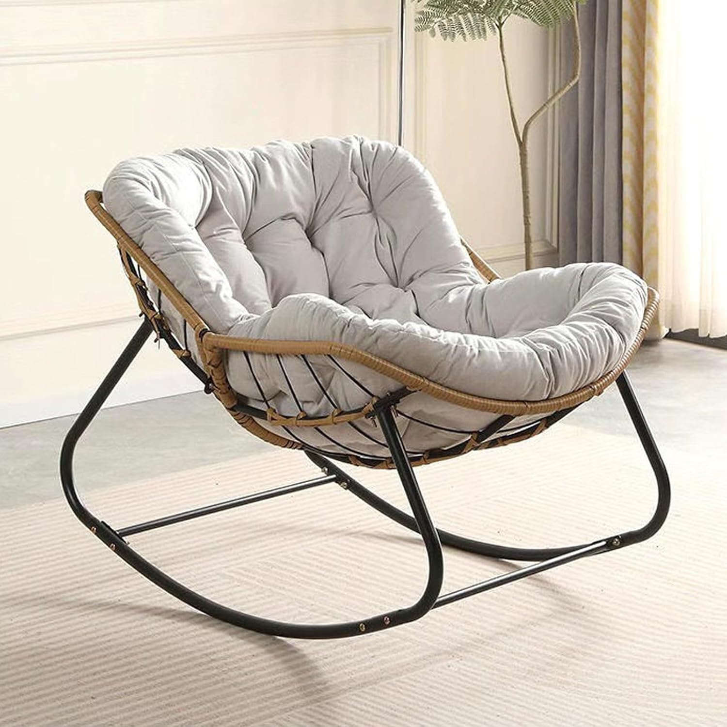 Outdoor Papasan Chair, Oversized Outdoor Rocking Chair with Thick Cushion, Indoor Egg Rocker Lounge Chair, Patio Chairs for Porch Garden Living Room Bedroom (White)