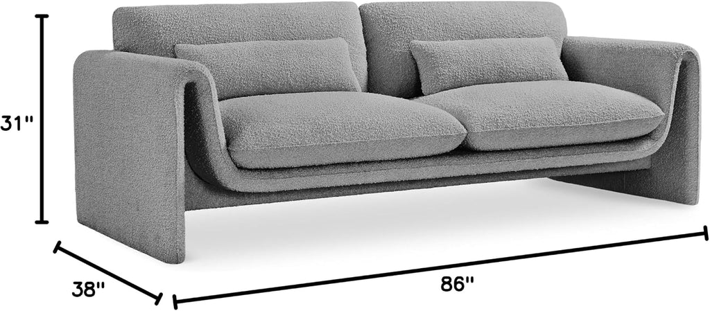 Meridian Furniture 198Grey-S Stylus Collection Modern | Contemporary Boucle Fabric Upholstered Sofa with Rich Grey Boucle Fabric, Curved Arms, 86' W x 38' D x 31' H, Grey
