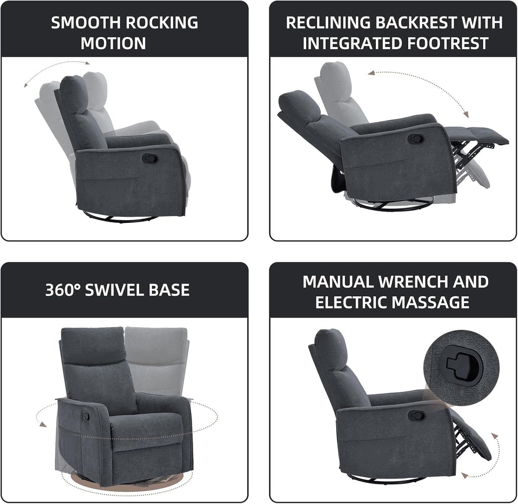PELUMY 360 Swivel Rocking Recliner Chair for Adults, Nursery Rocking Chair with Heat and Massage, Glider Reclining Chair for Small Space, Living Room, Bedroom (Dark Grey)