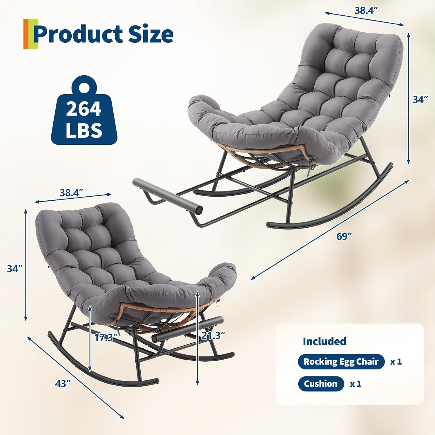 GarveeLife Papasan Rocking Chair with Thick Cushion, Outdoor Patio Rocking Chairs with Footrest, Oversized Rocker Wicker Chair for Bedroom, Living Room, Porch, Garden, Lawn (Dark Grey)