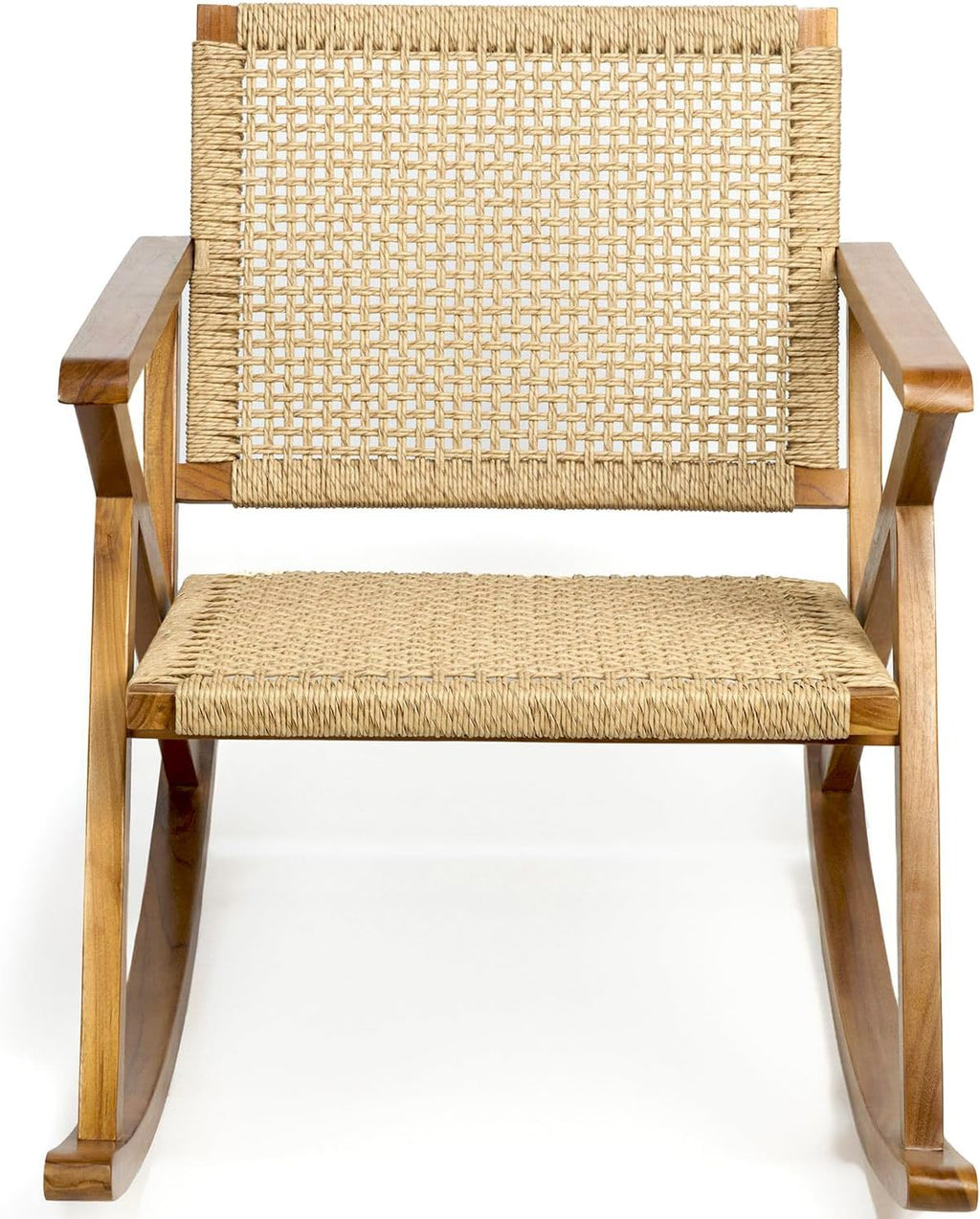 TeakCraft Teak Rocking Chair with Rattan Seat for Adults, Indoor & Outdoor Rocking Chair, Accent Chair, Durable for Patio, Porch, Garden, Living Room, Nursery, Balcony, All Season, The Alinda