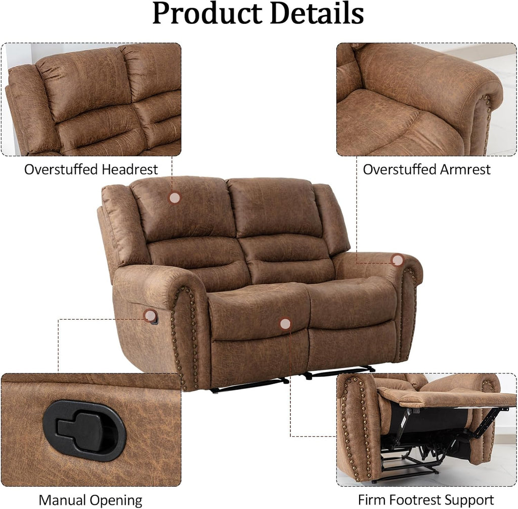CANMOV Faux Leather Manual Recliner Sofa Set, 2 Recliner Chair and a Loveseat Sofa for Living Room,Bedroom Furniture, Office, Nut Brown