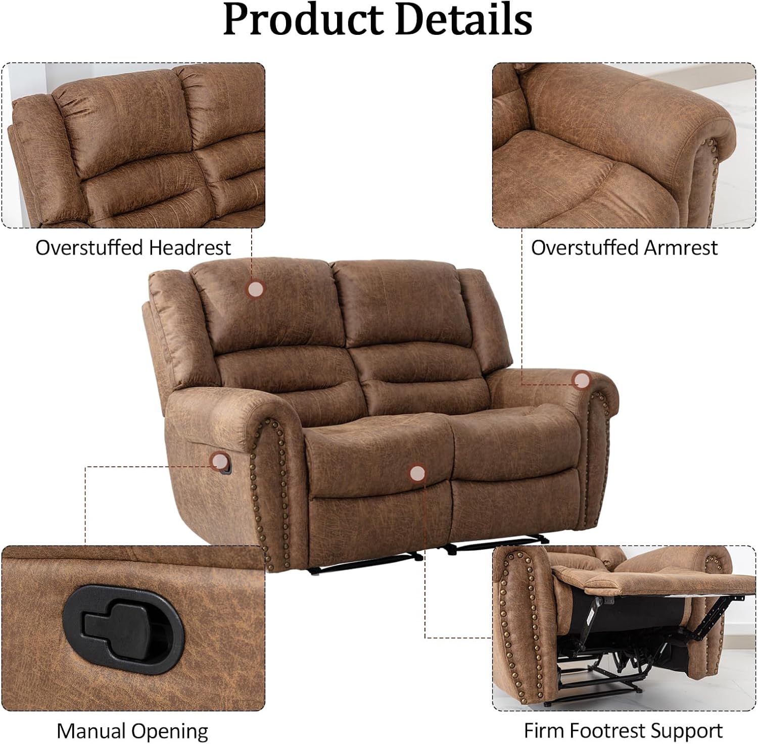CANMOV Faux Leather Manual Recliner Sofa Set, 2 Recliner Chair and a Loveseat Sofa for Living Room,Bedroom Furniture, Office, Nut Brown