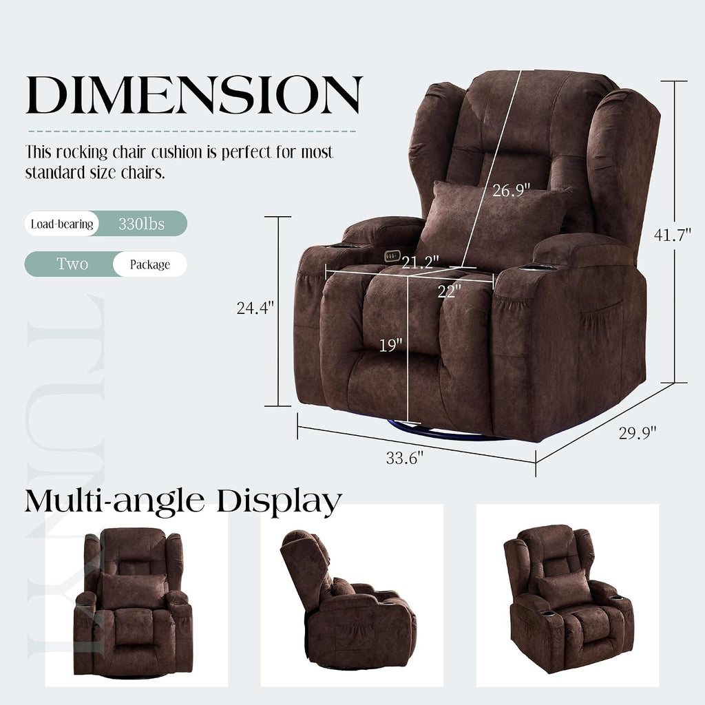 TUNYI Power Recliner Chair - Velvet Home Theater Seating Glider Reclining Sofa with Massage & Heat Swivel Rocker Recliner Chair for Living Room with LED Light/USB Port/Lumbar Pillow (Brown)