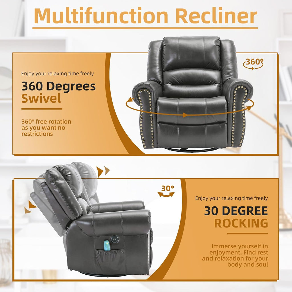 Manual Massage Recliner with Heating Function, 360° Swivel Glider Rocking Recliner Chair for Living Room, Ergonomic Single Sofa Chair with Remote Control/USB Ports/Side Pockets(Gray)