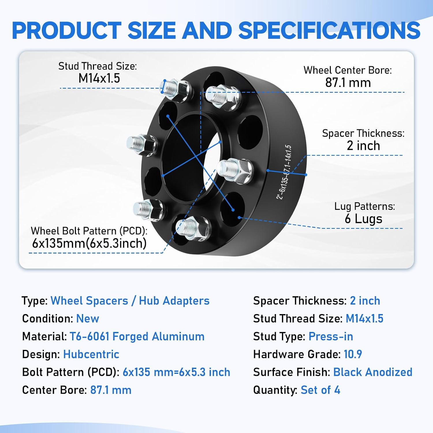 4Pcs 2 inch Hubcentric Wheel Spacers PCD 6x135 mm 6x5.3 inch Center Bore 87.1mm with M14x1.5 Studs for 2015-2025 F150 / 2015-2025 Expedition, for 2015-2025 Navigator 6x135 Forged Spacers