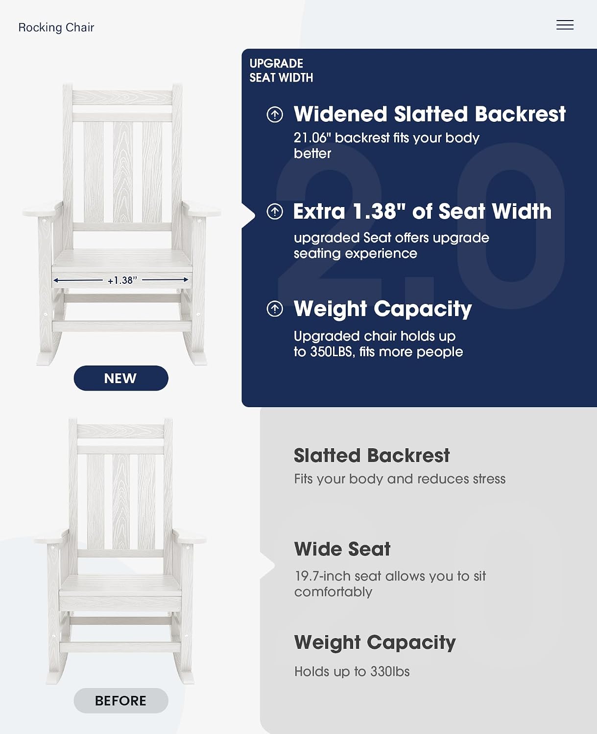 KINGYES Oversized Outdoor Rocking Chair Set of 6, All-Weather Patio Rocking Chairs for Porch, HDPE Outdoor Patio Recliner Rockers with High Back & Wide Seat for Garden, Lawn, White