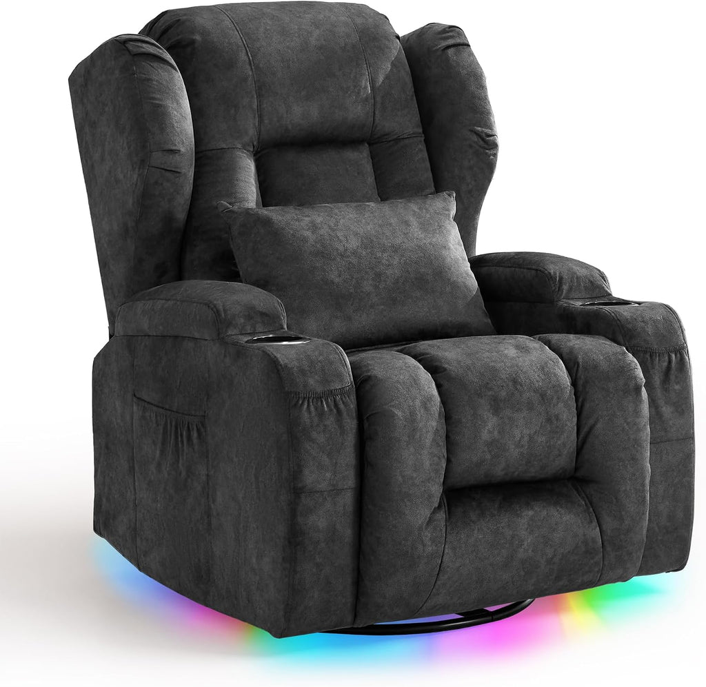 TUNYI Power Recliner Chair - Velvet Home Theater Seating Glider Reclining Sofa with Massage & Heat Swivel Rocker Recliner Chair for Living Room with LED Light/USB Port/Lumbar Pillow (VelGrey)
