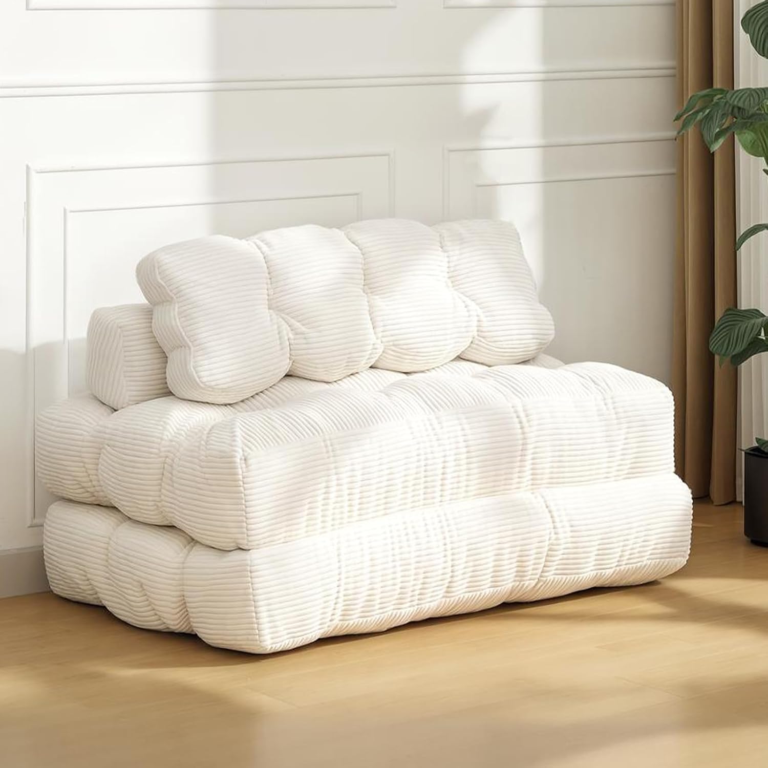 Garvee Folding Sofa Bed, Convertible Sleeper Chair with Pillow Foldable Mattress with Back Support, Boneless Fold Out Chair Bed Comfy Floor Sofa Lounge for Living Room, Bedroom, Beige, Full