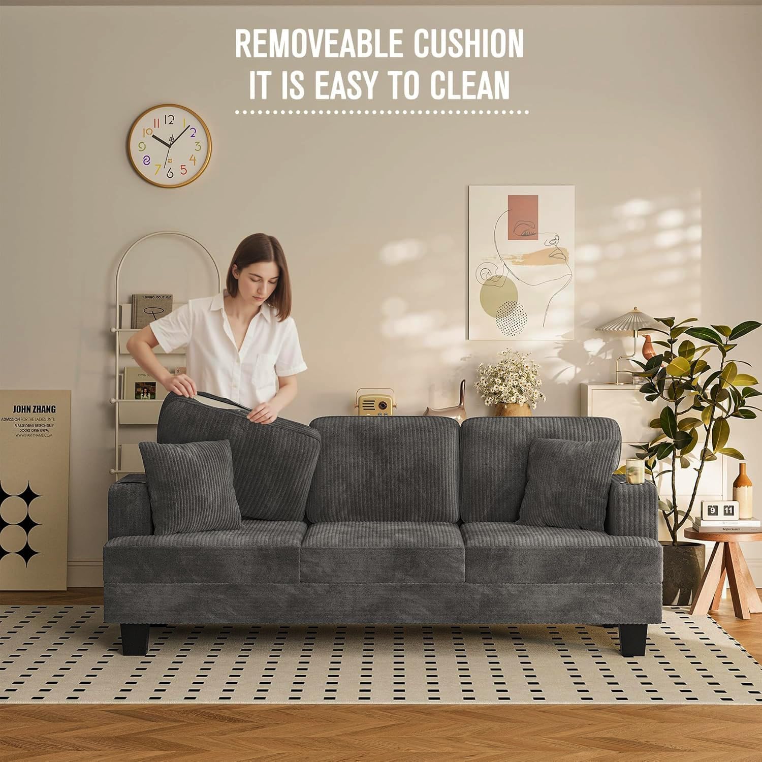 83' Modern Couch with Cup Holders, 3 Seater Couch with Comfy Pillow & Side Storage Pockets, Corduroyn Small Couch with Deep Seat Couch for Living Room, Bedroom, Apartment and Office (Charcoal Gray)