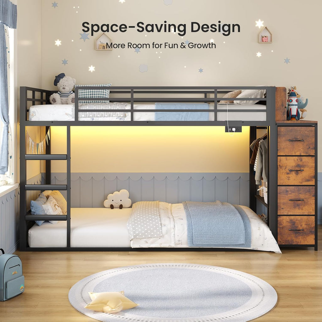 ADORNEVE Low Bunk Bed Twin Over Twin with Bookshelf, 4 Storage Drawers, Metal Kids Bunk Bed with Power Outlet & RGB Lights, Clothing Rack & Shelves, Safety Guardrail & Ladder, Black