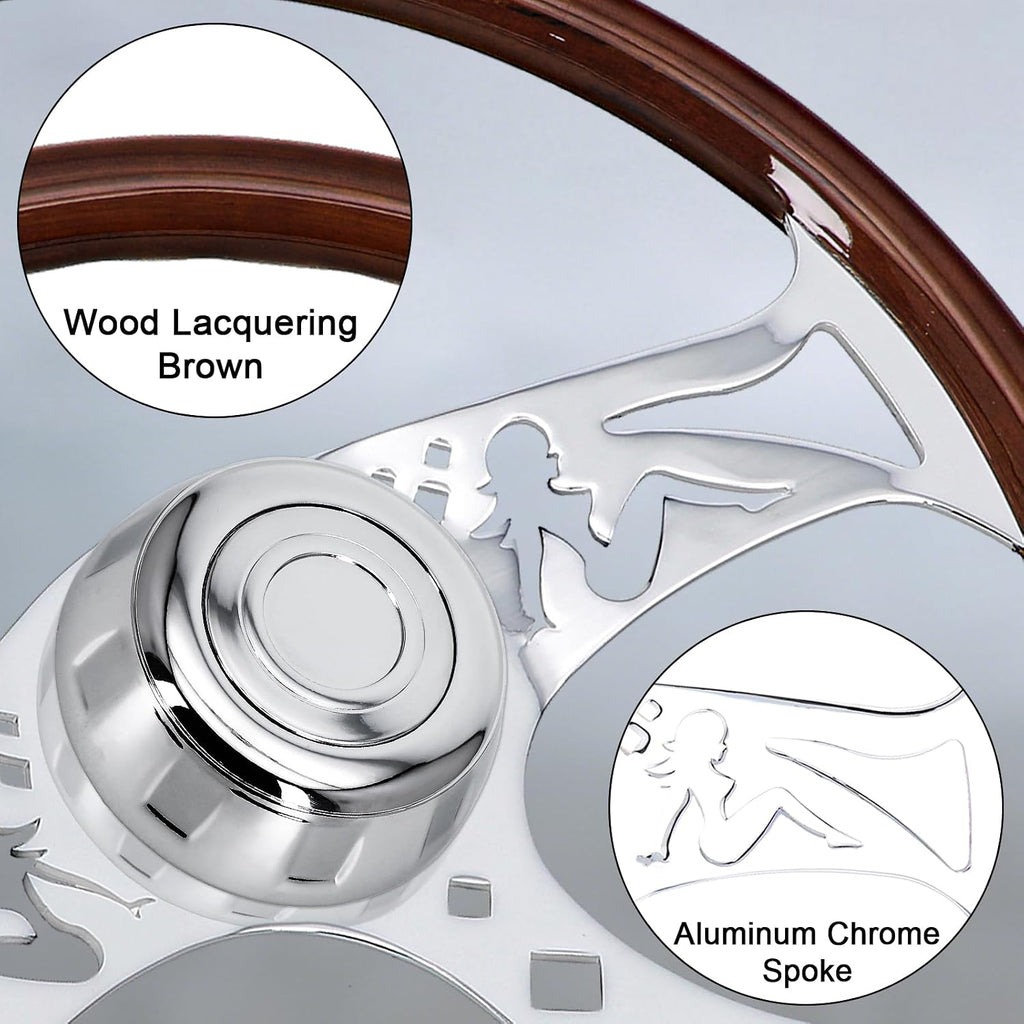 Sorghum 18' Solid Wood Steering Wheel - 3 Spokes Aluminum Chrome Classic Steering Wheel with Horn Button for Trucks Compatible with Mack Kenworth Peterbilt Volvo Freightliner-Girl Pattern