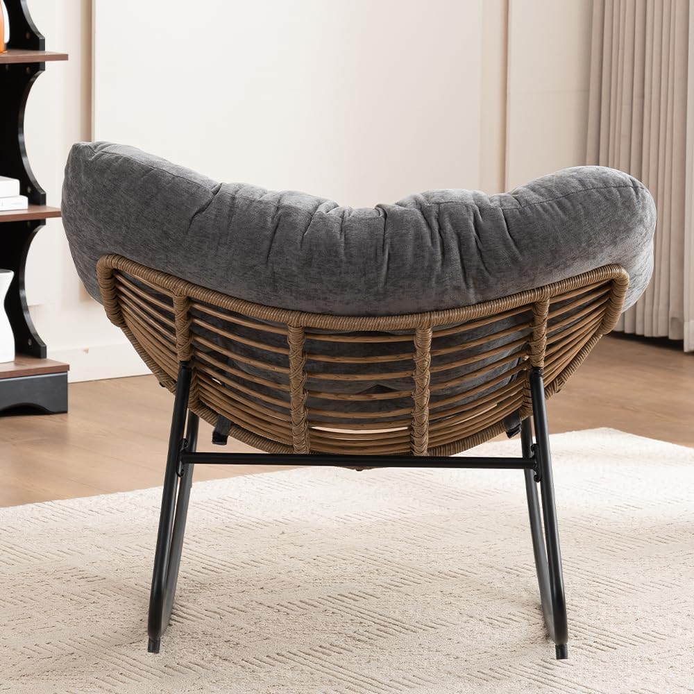 Outdoor Papasan Chair, Oversized Rocking Chair with Cushion and Metal Frame, Patio Lounge Rocking Chair for Balcony Backyard Porch Bedroom Living Room (Grey)