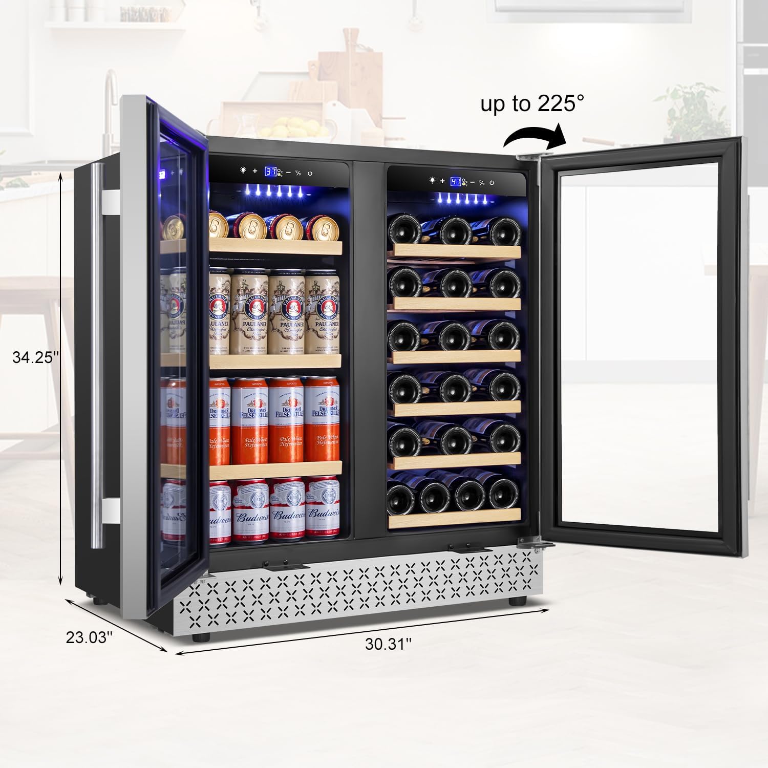 Tylza 30 Inch Wine and Beverage Refrigerator, Dual Zone Wine Beverage Cooler 30' with French Door, Under Counter Wine Beer Fridge Built-In or Freestanding, Holds 29 Bottles and 110 Cans TYBC200