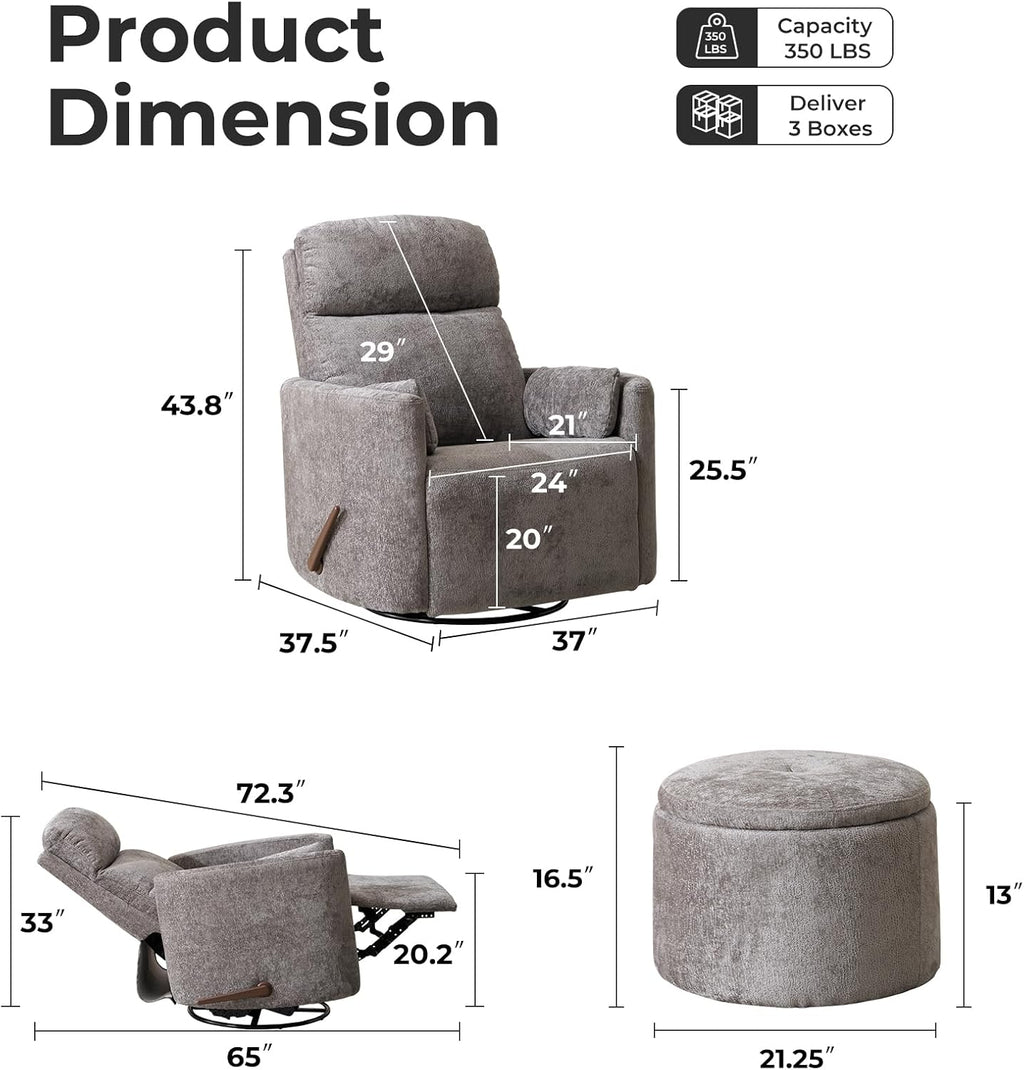 Oversized Swivel Rocker Recliner Chair with Massage and Heat, Manual Swivel Glider Rocker Recliner with 2 Bolster Pillows, Rocking Nursery Chair with Storage Ottoman , Adjustable Headrest, Dark Grey