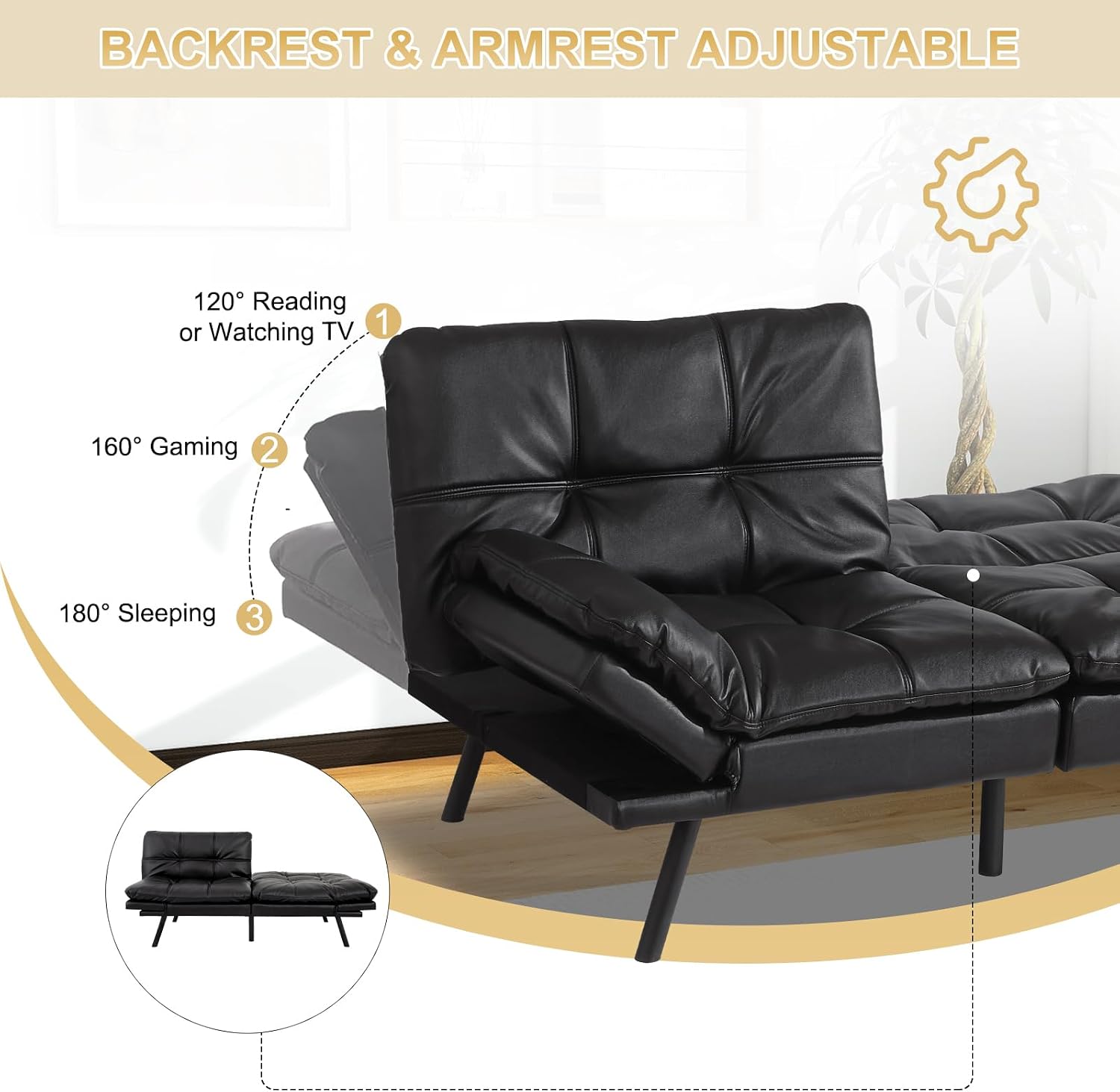 MUUEGM Futon Convertible Sofa Bed, Memory Foam Sleeper Couch,Modern Loveseat for Living Room,Adjustable Armrests Backrest Sofabed,Matte Black,Faux Leather.