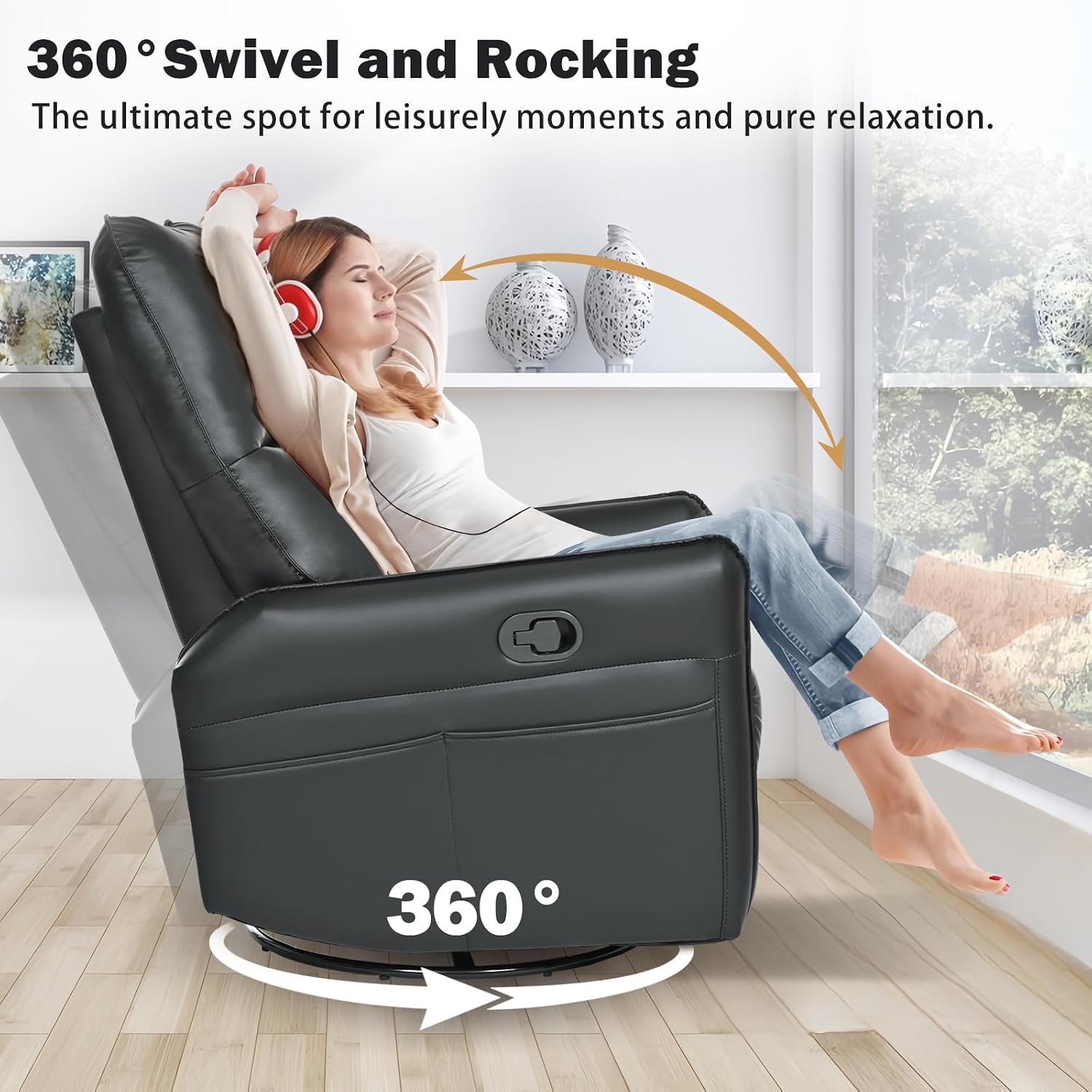 cinkehome Overstuffed Swivel Glider Recliner, Manual Swivel Rocking Recliner, Faux Leather Rocker Recliner Chair, Side Pockets, Black