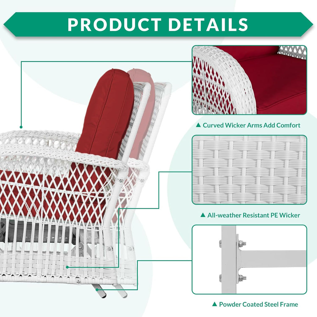 VIVIJASON 2-Piece Outdoor White Wicker Glider Rocking Chair, Patio Rattan Swing Glider Chairs with Cushions & Steel Frame, All-Weather Gliding Lawn Wicker Furniture for Garden Backyard, Red