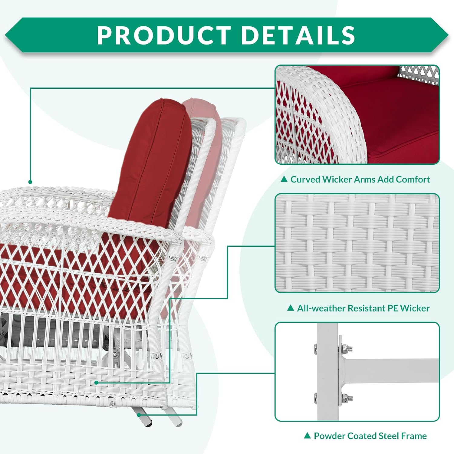 VIVIJASON 2-Piece Outdoor White Wicker Glider Rocking Chair, Patio Rattan Swing Glider Chairs with Cushions & Steel Frame, All-Weather Gliding Lawn Wicker Furniture for Garden Backyard, Red