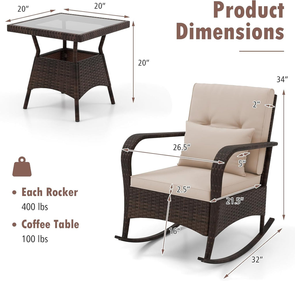 HAPPYGRILL 3 Piece Outdoor Rocking Bistro Set, Rattan Wicker Rocking Chairs with Tempered Glass Coffee Table, Rocker Chairs Set with Cushions & Pillows, for Backyard, Porch, Poolside