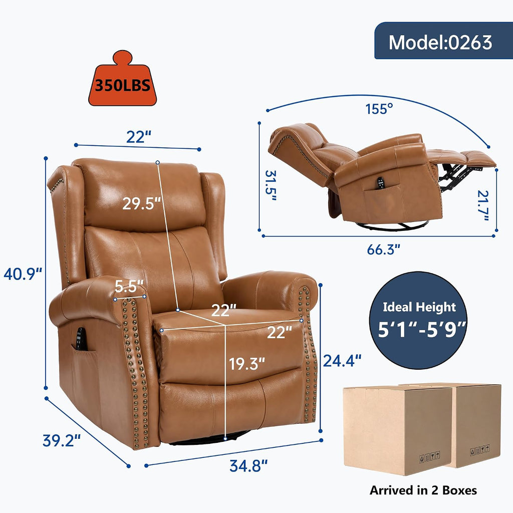 360° Swivel Glider Chair for Nursery, Wingback Genuine Leather Rocking Recliner with Lumbar Heat & Massage, 8-Point Vibration Massage for Living Room Bedroom
