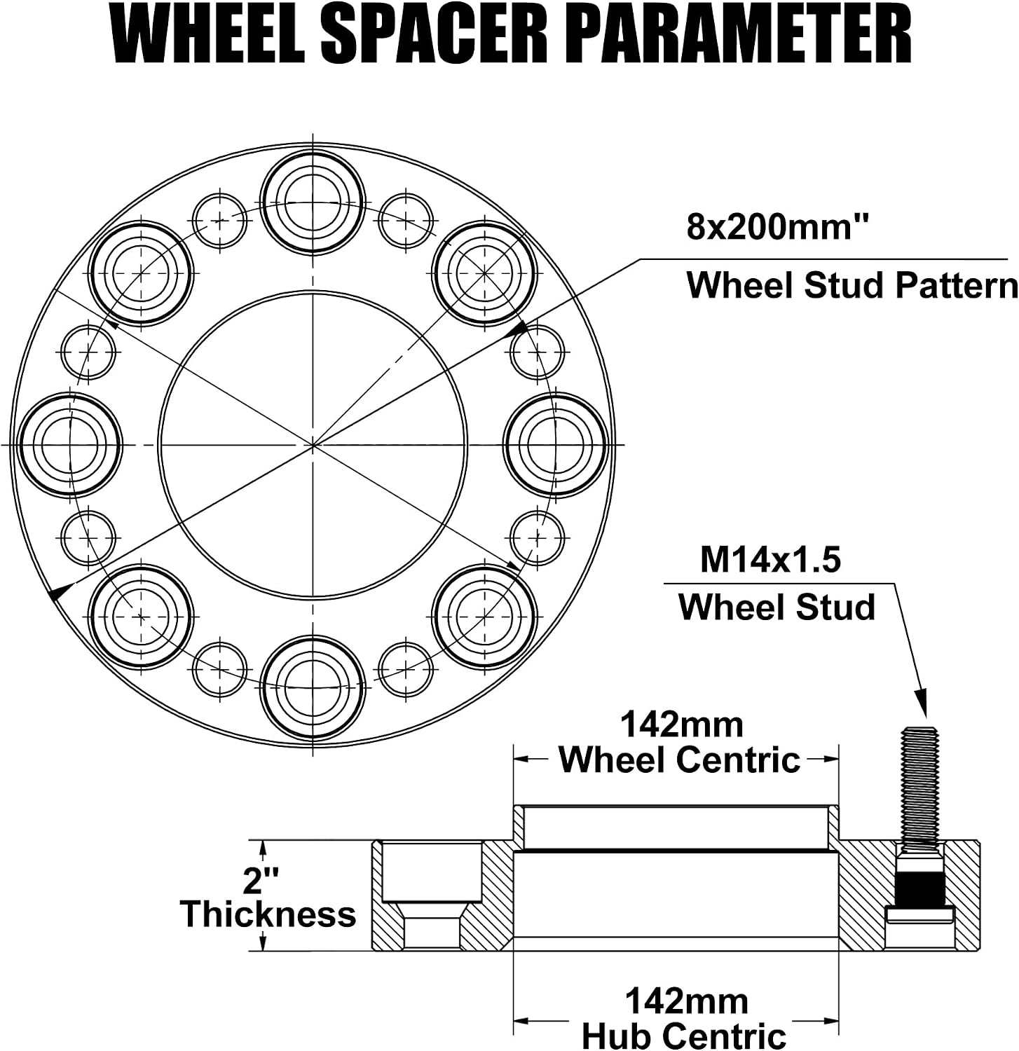 FLYCLE 8x200 Hubcentric Wheel Spacers, 2 inch 8x200mm Wheel Spacer M14x1.5 Studs & 142mm Hub Bore for Front Wheels 2005-2025 F350 Super Duty DRW, 2019-2025 Ram 3500 DRW