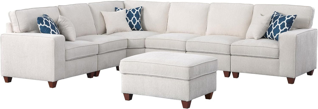 YOPTO 116' Convertible Sectional Couch with Movable Ottoman and 6 Throw Pillows,Chenille Upholstered Comfy Sofa 7 Seater,L-Shaped,Free Combination,Easy Assembly for Living Room,Apartment,Office,Beige