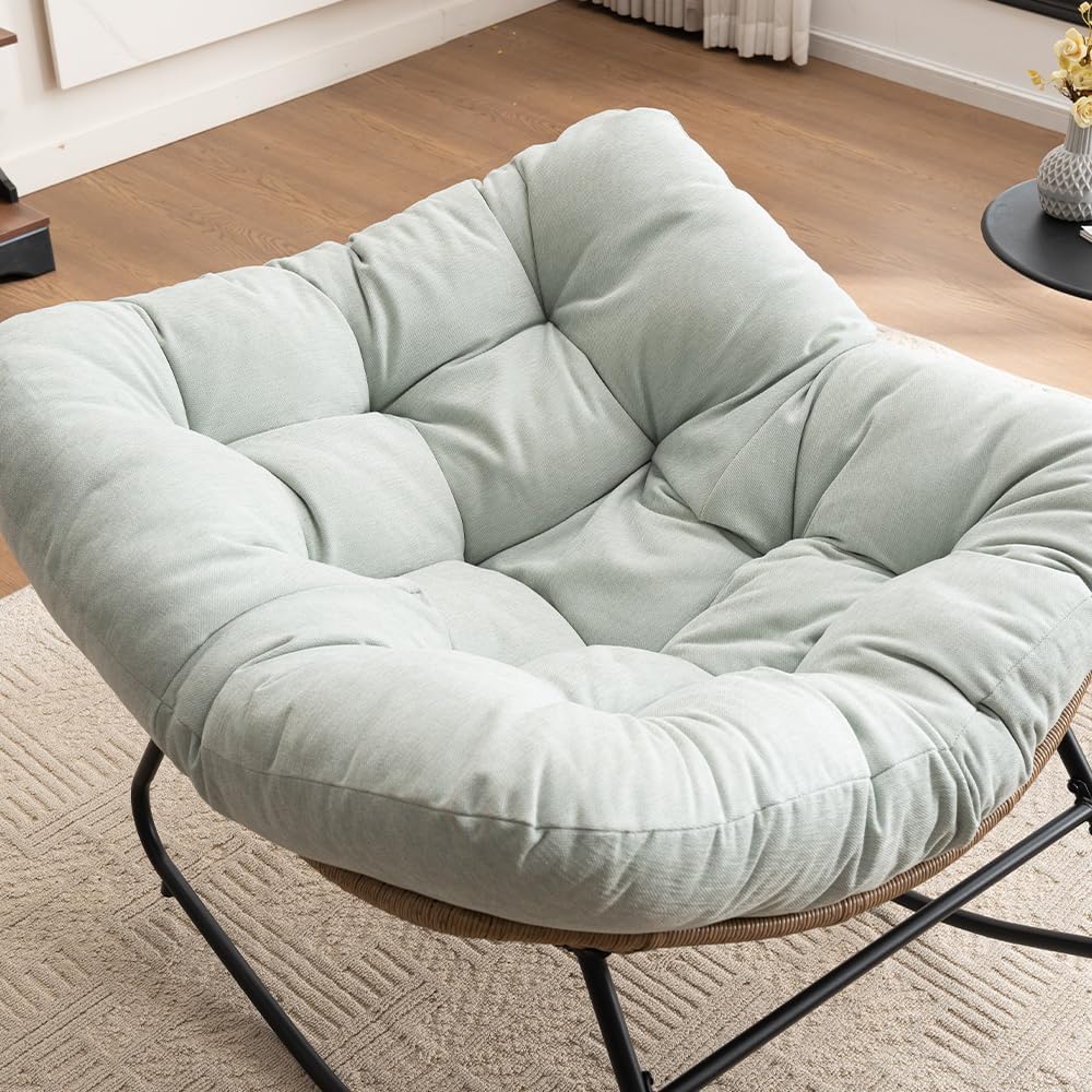 Outdoor Papasan Chair, Oversized Rocking Chair with Cushion and Metal Frame, Patio Lounge Rocking Chair for Balcony Backyard Porch Bedroom Living Room (Light Blue)