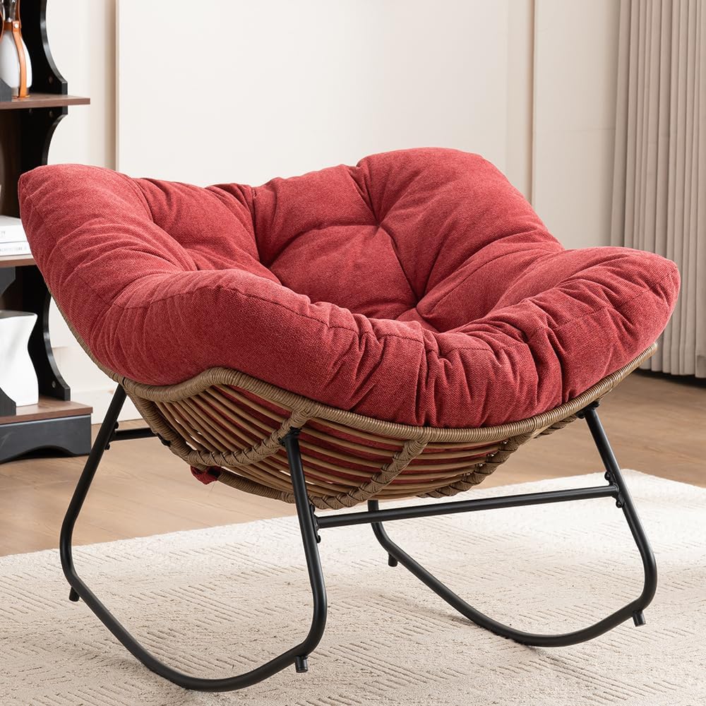 Outdoor Papasan Chair, Oversized Rocking Chair with Cushion and Metal Frame, Patio Lounge Rocking Chair for Balcony Backyard Porch Bedroom Living Room (Red)