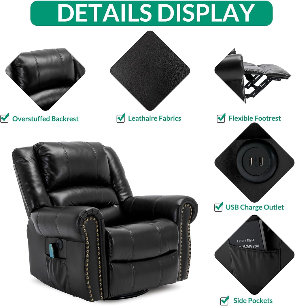 VIVIJASON Massage Swivel Rocker Recliner Chair with Heat & Vibration, 360° Swivel Manual Glider Rocking Reclining Chair with Remote Control, Side Pockets & USB Ports for Living Room, Black