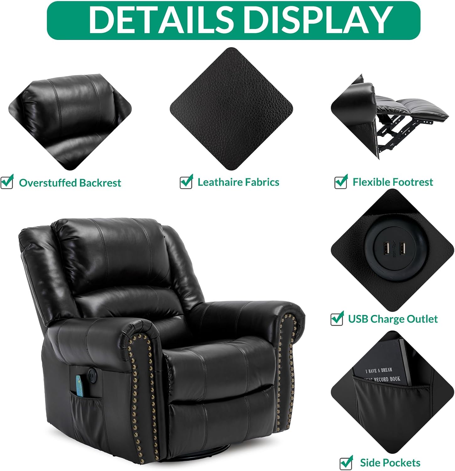 VIVIJASON Massage Swivel Rocker Recliner Chair with Heat & Vibration, 360° Swivel Manual Glider Rocking Reclining Chair with Remote Control, Side Pockets & USB Ports for Living Room, Black