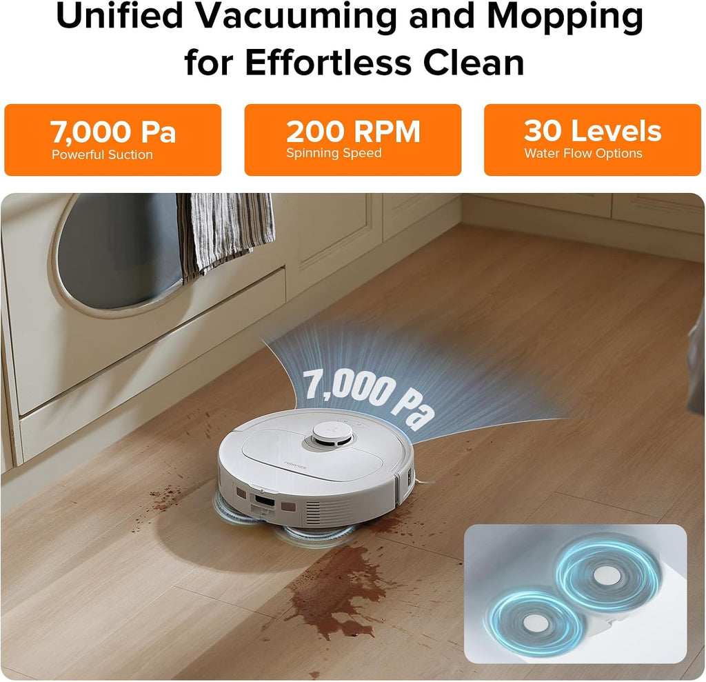 roborock Qrevo Plus Robot Vacuum and Mop with FlexiArm Design Edge Mopping, Self-Emptying, 10 mm Liftable Mops, Auto Mop Washing & Drying, Reactive Tech Obstacle Avoidance, 7,000 Pa Suction, White