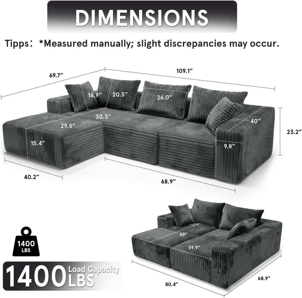 Sytopia 109' L-Shaped Cloud Couch, Modular Sectional Sofa with Deep Seat for Living Room Bedroom, Modern Floor Couch Corduroy, Comfy Sleeper Futon Sofa Bed 40D Foam Furniture, Left Facing