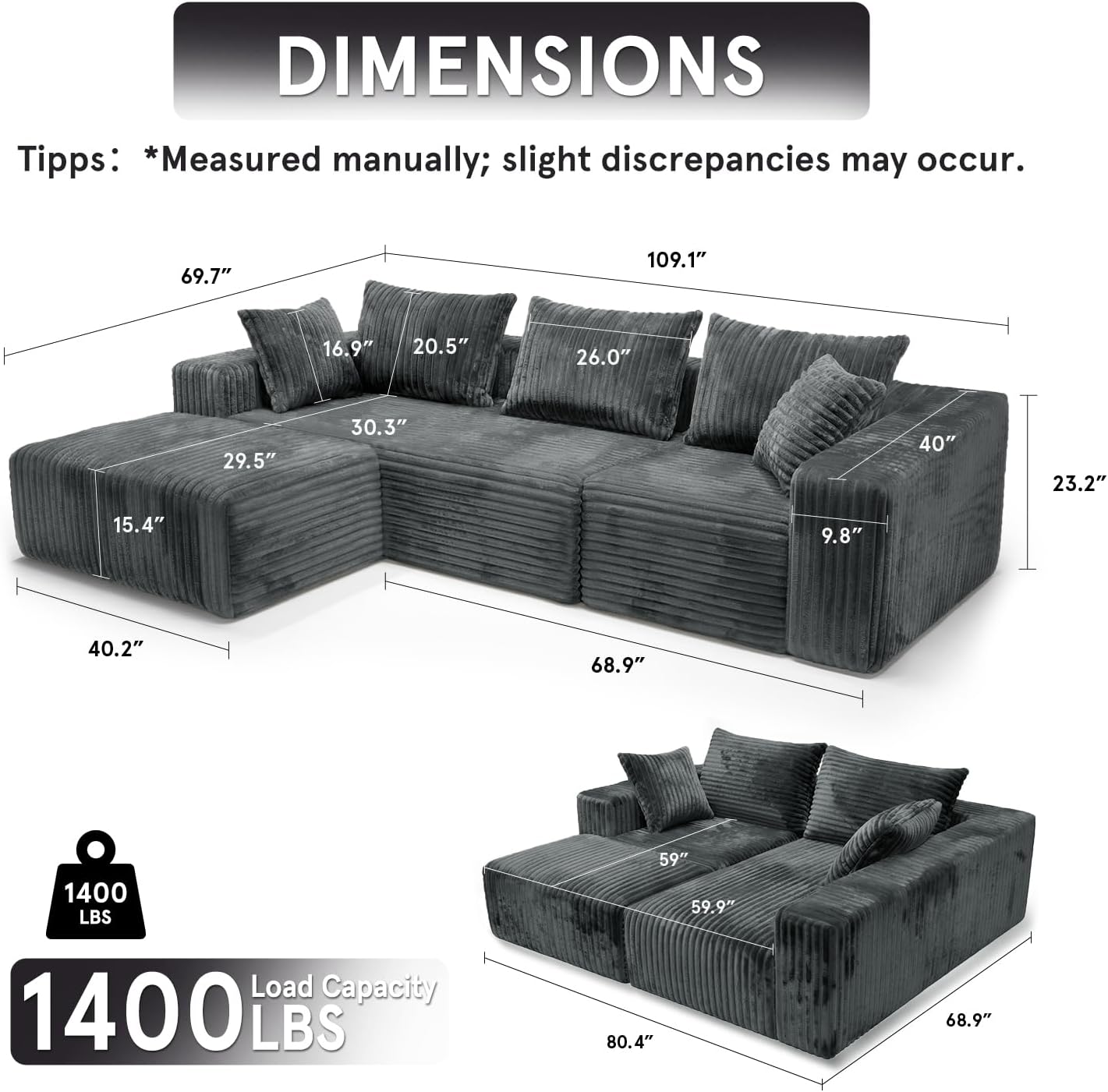 Sytopia 109' L-Shaped Cloud Couch, Modular Sectional Sofa with Deep Seat for Living Room Bedroom, Modern Floor Couch Corduroy, Comfy Sleeper Futon Sofa Bed 40D Foam Furniture, Left Facing