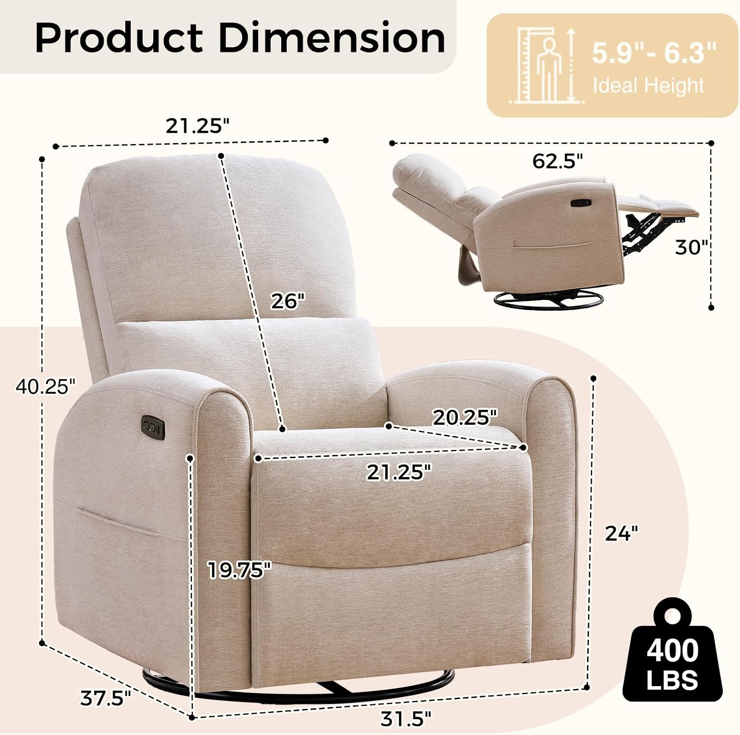 Power Swivel Rocker Recliner, Swivel Glider Nursery Recliner Chair with Lumbar Support, Upholstered Rocking Electric Recling Chairs for Adults Nursery, Living Room, Bedroom, Camel