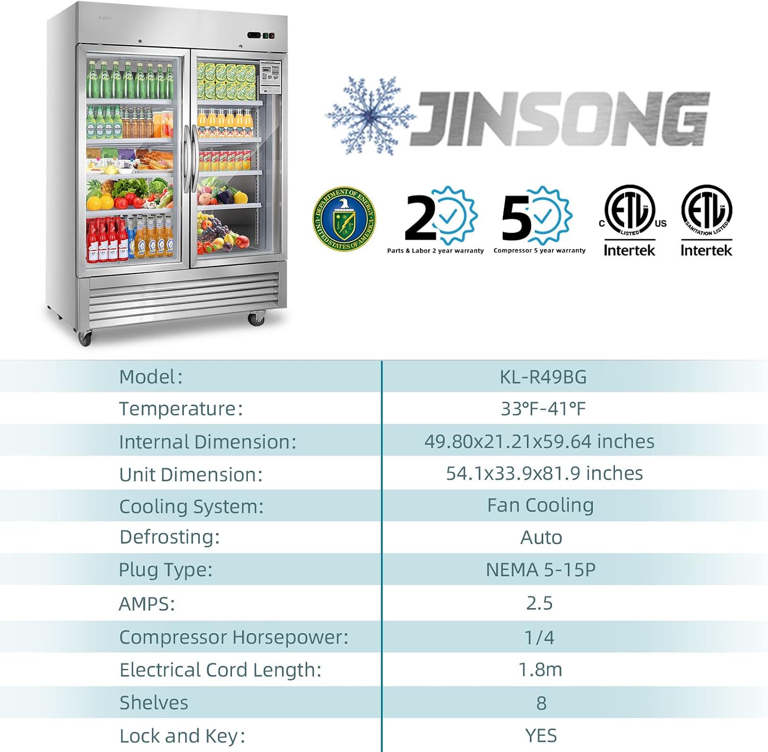 JINSONG Commercial Beverage Fridge Display Refrigerator, 54' Wide, Glass Door Refrigerator, Stainless Steel Beverage Cooler with LED Lighting & 8 Shelves for Restaurant, Office, Shop, Bar, 49 Cu.ft