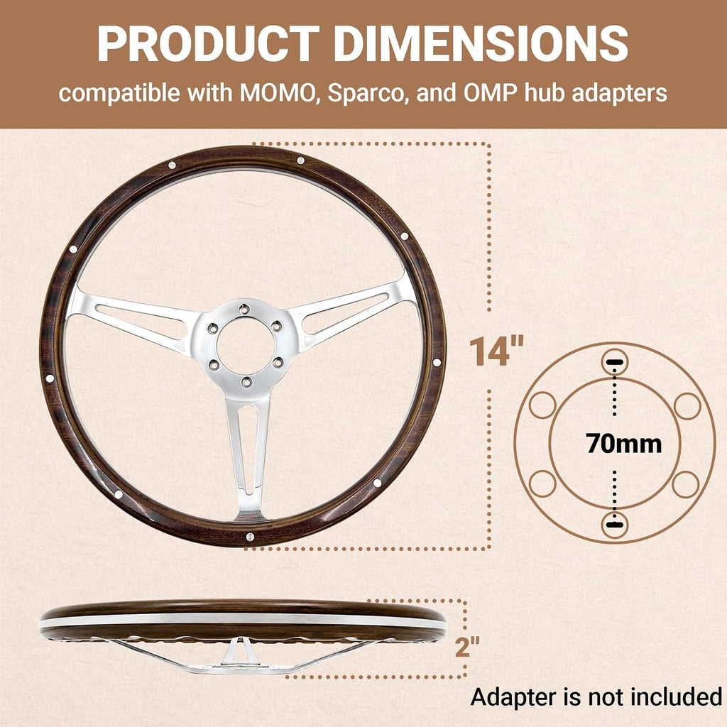 14'' Classic Riveted wooden steering wheel with 6 bolt and Horn Button