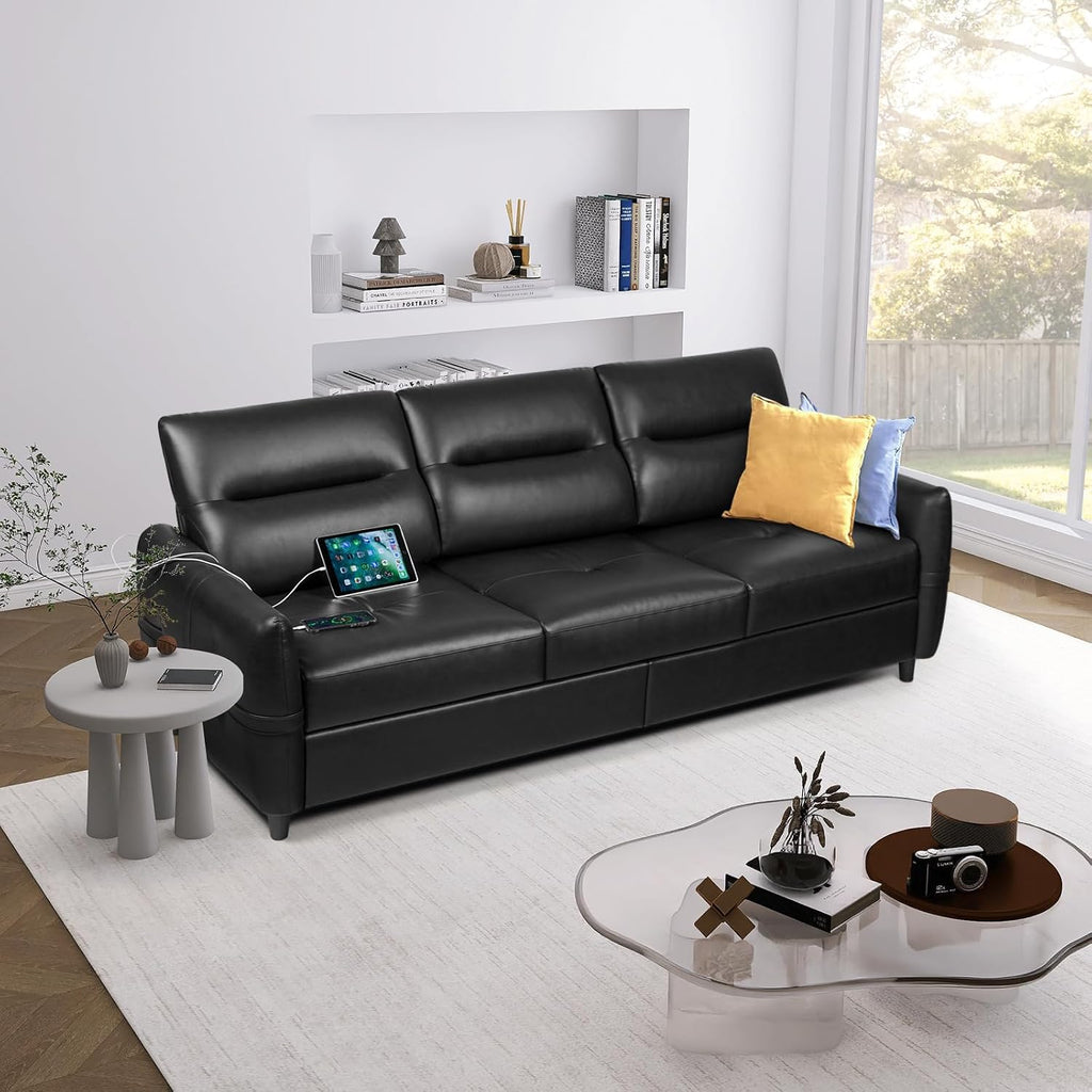 STHOUYN 85' Black Faux Leather Couch with USB, 3 Seater Sofa Couches for Living Room, Large Mid Century Modern Office Apartment Couch (Black)