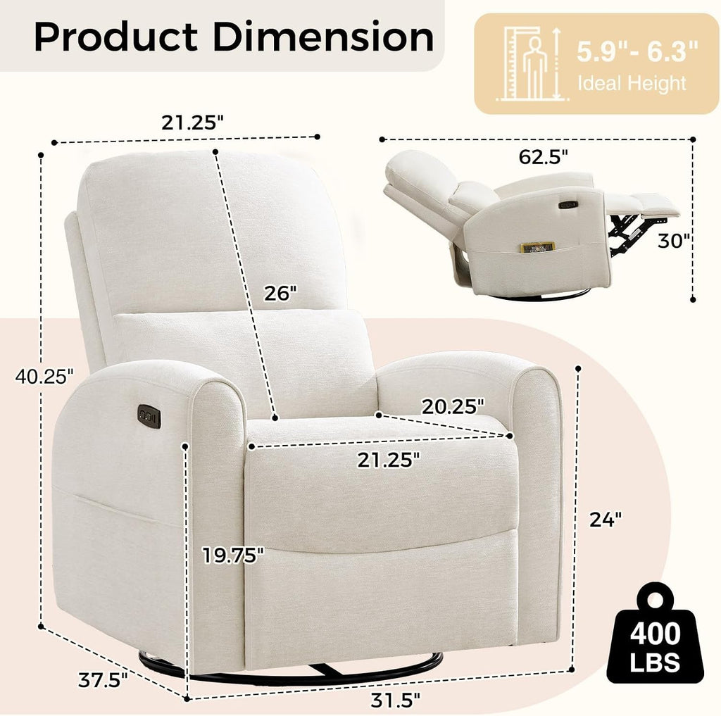 Power Swivel Rocker Recliner, Swivel Glider Nursery Electric Recliner Chair with Lumbar Support, Upholstered Rocking Recling Chairs for Adults Nursery, Living Room, Bedroom, White
