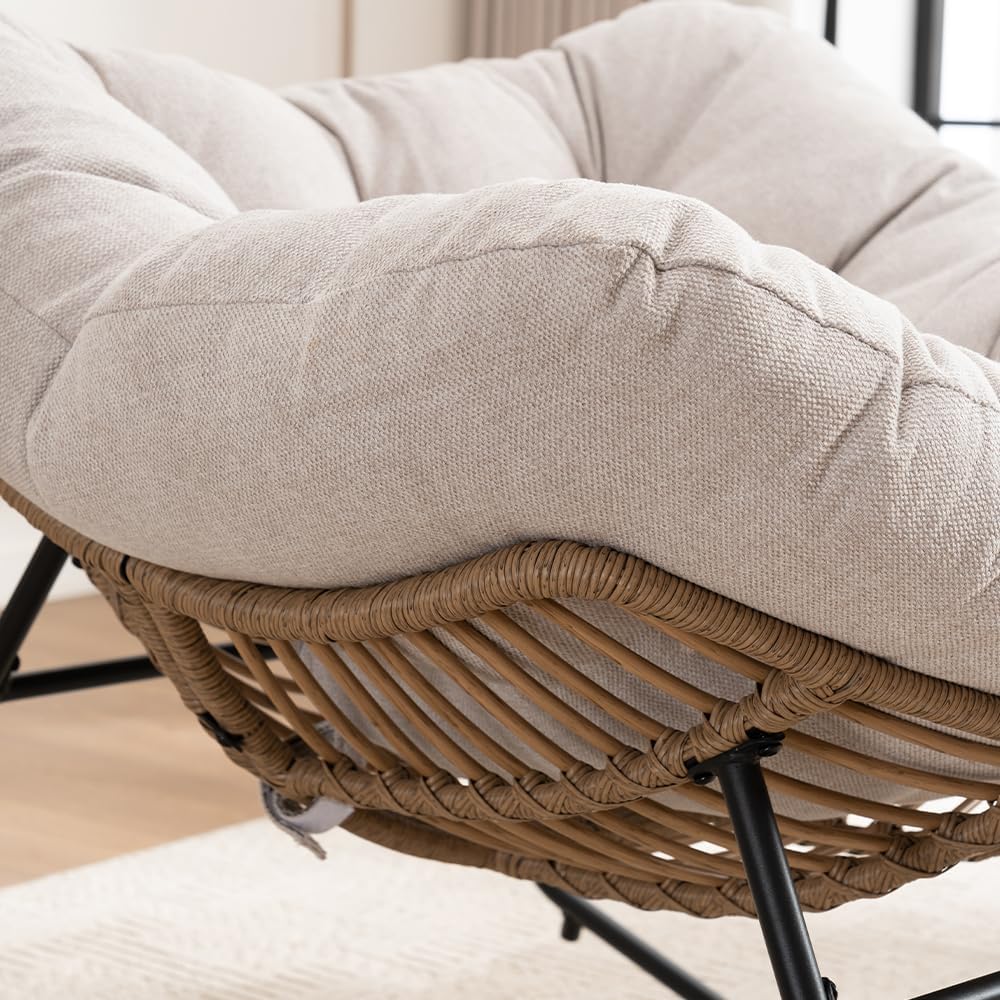 Outdoor Papasan Chair, Oversized Rocking Chair with Cushion and Metal Frame, Patio Lounge Rocking Chair for Balcony Backyard Porch Bedroom Living Room (Light Beige)