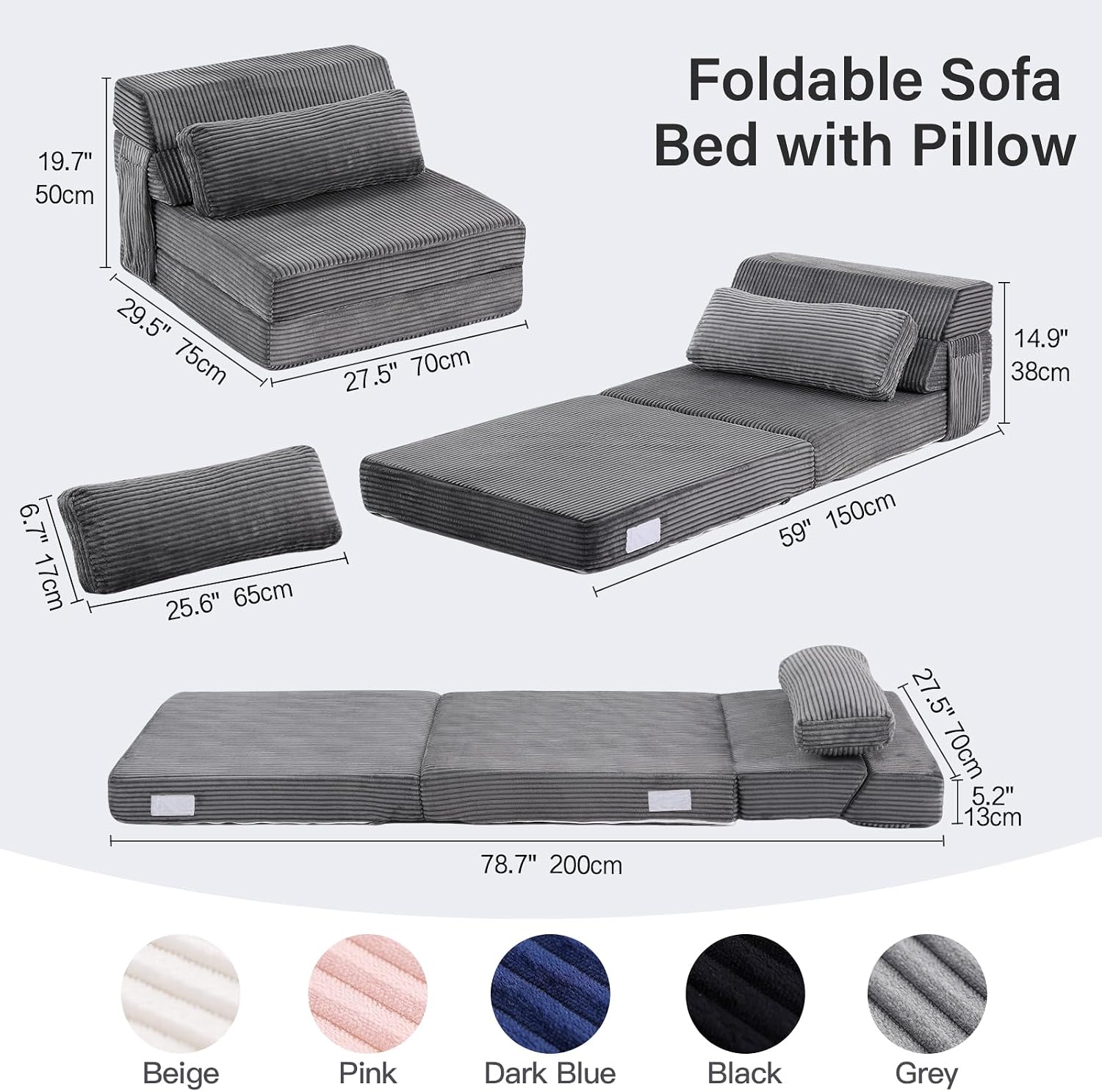 Folding Sofa Bed with Pillow, Convertible Sleeper Chair, Comfy Floor Futon Couch Mattress Lounge Lounge Sofa for Adults Portable Fold Out Chair Bed for Living Room Bedroom, Single, Gray