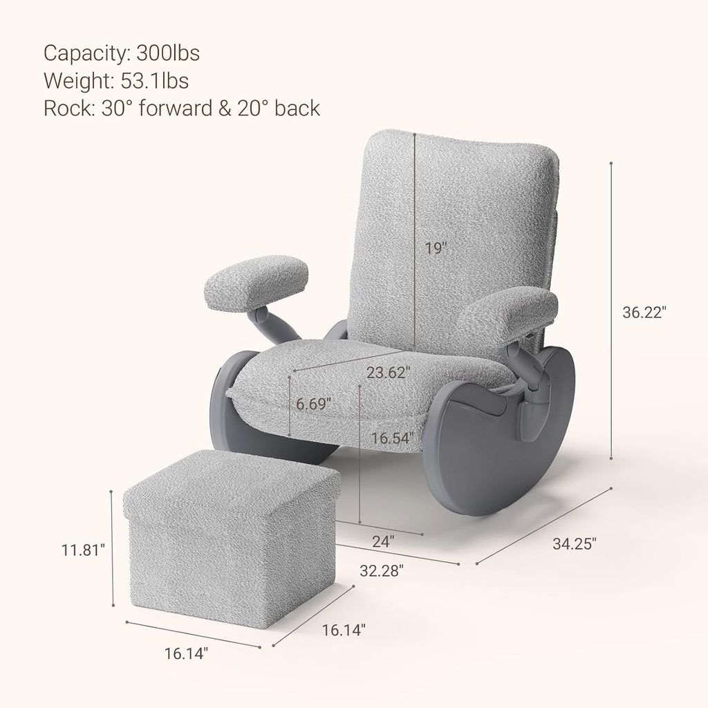 MAMAZING Lullabud Nursery Rocking Chair Glider with Ottoman for Breastfeeding, Upholstered Nursing Chair with Removable Cover, Reading Chair for Bedroom, Living Room(Grey/Grey)
