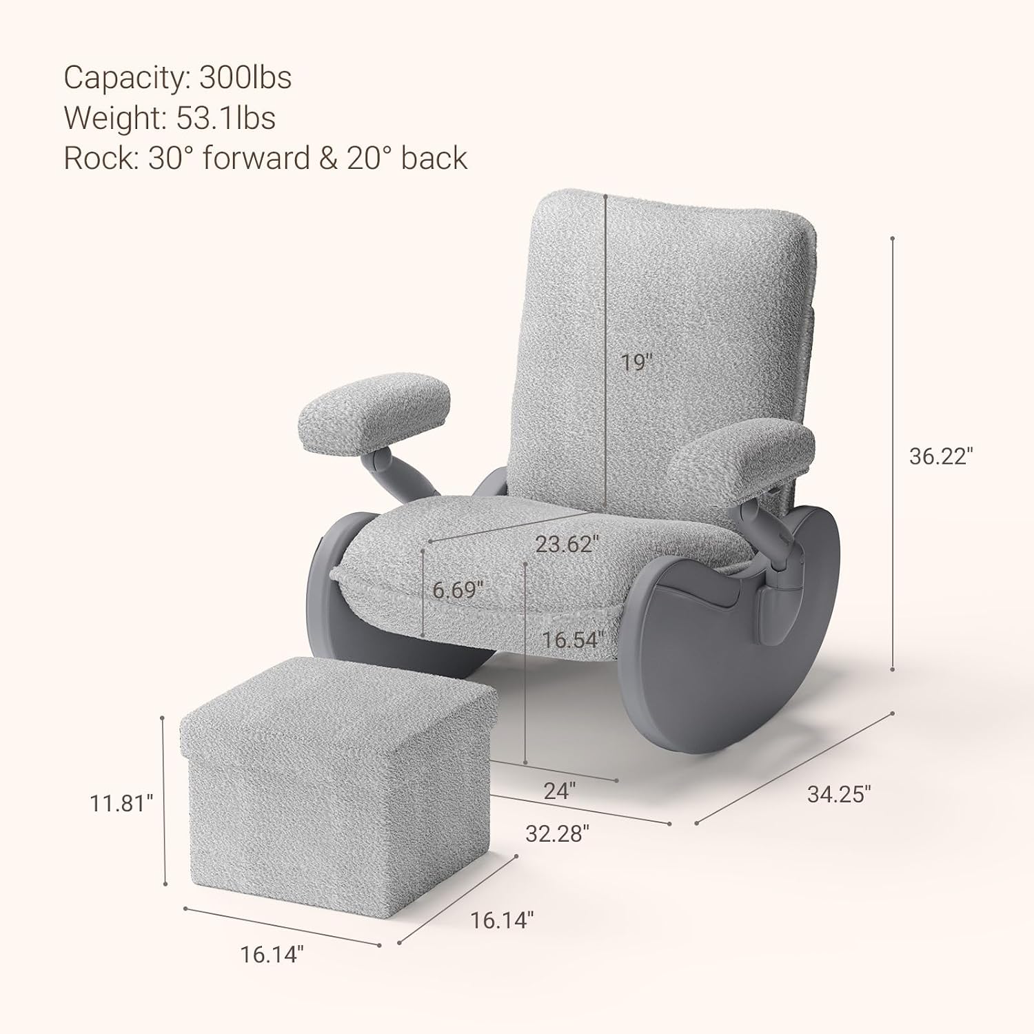 MAMAZING Lullabud Nursery Rocking Chair Glider with Ottoman for Breastfeeding, Upholstered Nursing Chair with Removable Cover, Reading Chair for Bedroom, Living Room(Grey/Grey)