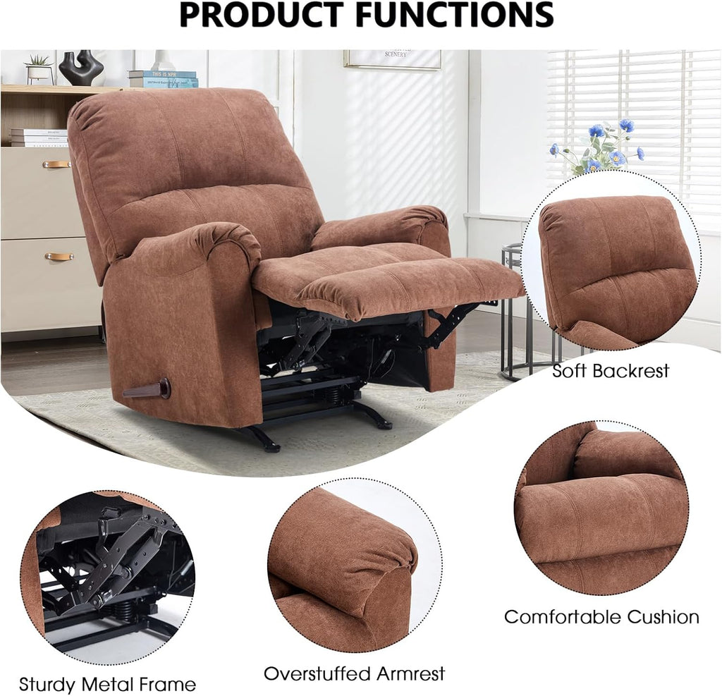 CANMOV Rocker Recliner Chair for Adults,Manual Recliner Chair with Overstuffed Backrest and Armrests, Soft Fabric Manual Rocking Reclining Sofa for Living Room, Brown