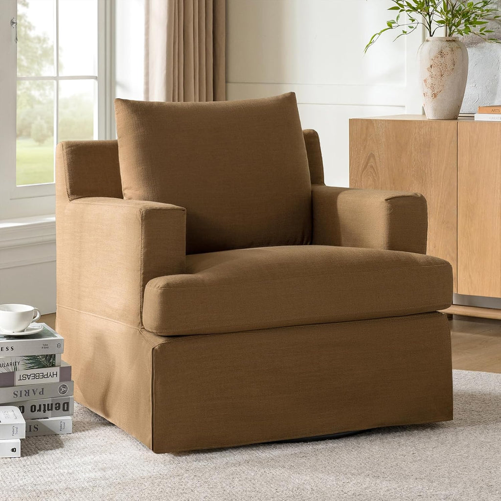 HULALA HOME Swivel Rocker Chair with Solid Wood Frame, Farmhouse Swivel Rocking Accent Chair with Washable Slipcover, Upholstered Barrel Armchair Down Blend Back and Seat Cushions, Golden