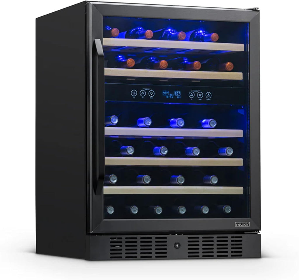 NewAir 24' Dual Zone Wine Fridge for 46 Bottles | Built-In or Freestanding Wine Cooler Refrigerator with Glass Door | Quiet Cooling & Adjustable Shelves for Red and White Wine | Black Stainless Steel
