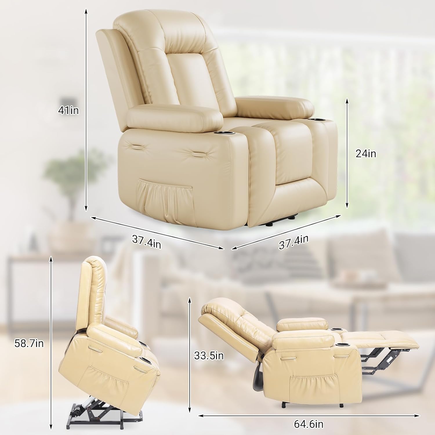 GarveeHome Recliner Chair, 360° Swivel Rocker Recliners with Heat & Massage, Soft Lazy Boy Recliner Chair with 2 Cup Holders and Side Pocket for Living Room Bedrooms and Nurseries (Beige, 22')